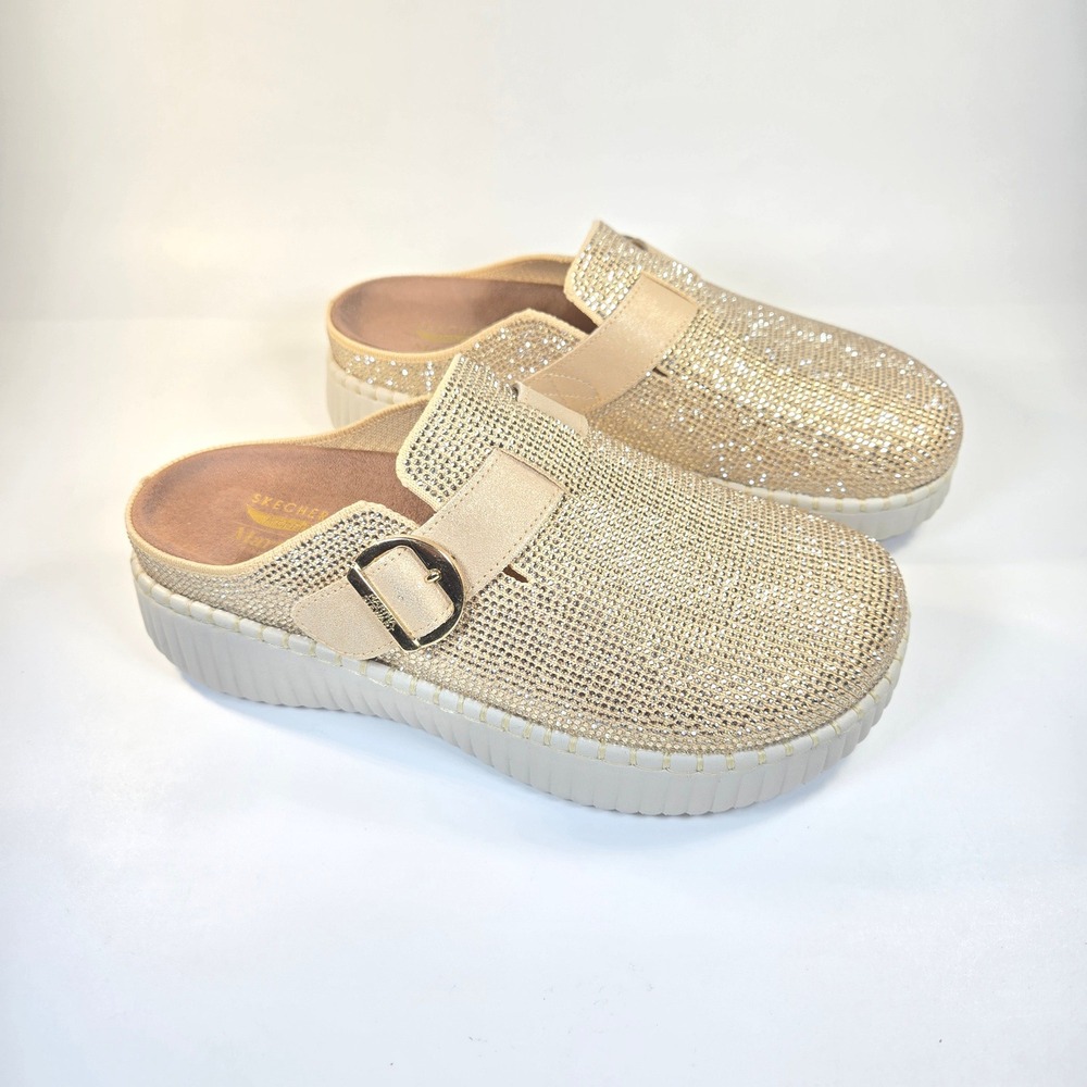 Skechers Martha Stewart Arch Fit Topangah Gold Rhinestone Buckle Platform Mules